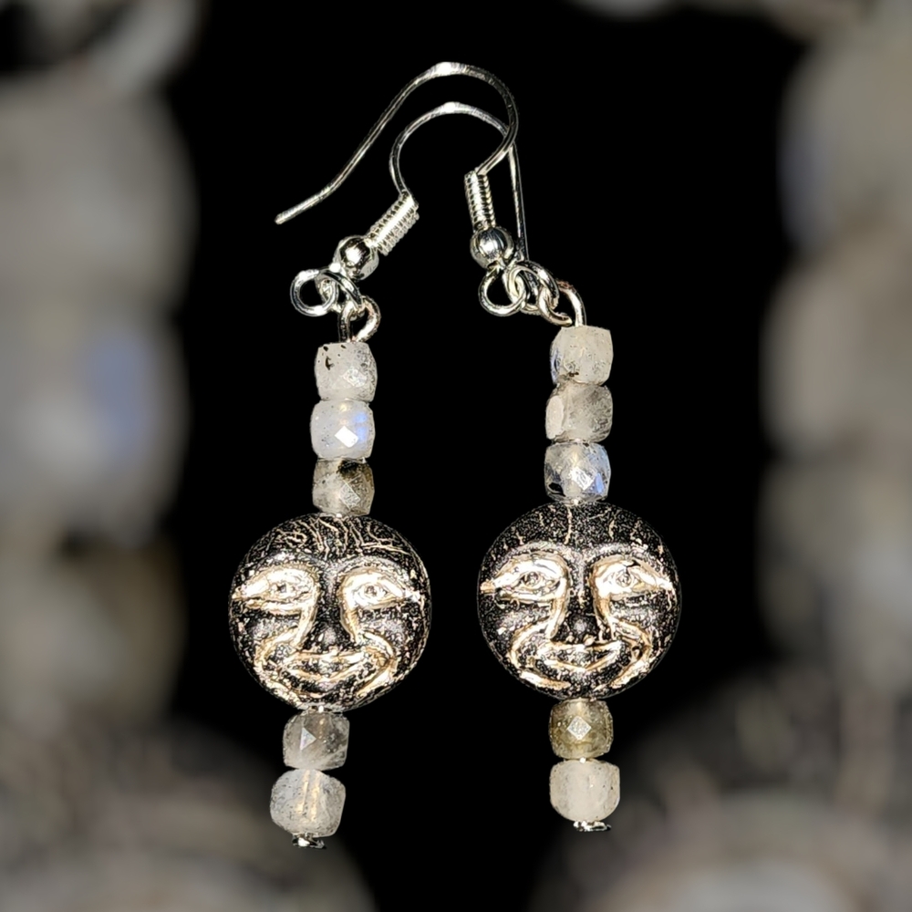 Silver Moon Face Czech Glass And Moonstones Earrings